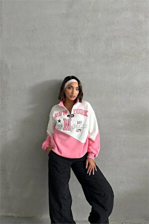 Kadın pembe fermuarlı New york sweat DPNBG050