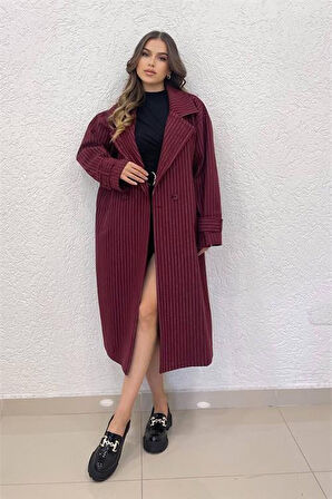 kadın bordo çizgili oversize kaşe kaban DPNBSHNZ08