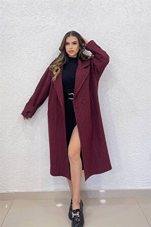 kadın bordo çizgili oversize kaşe kaban DPNBSHNZ08