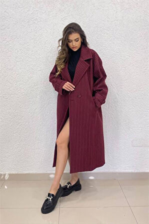 kadın bordo çizgili oversize kaşe kaban DPNBSHNZ08