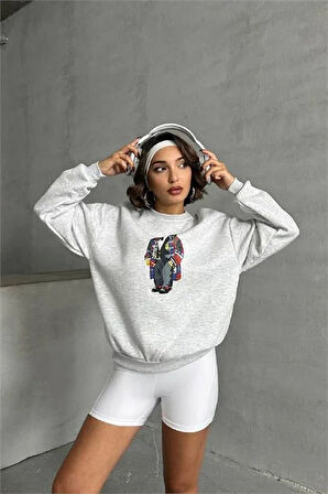 kadın gri melanj nakışlı sweatshirt DPNBG059