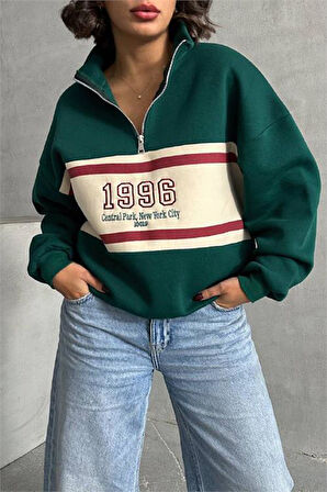 kadın yeşil fermuar detaylı sweatshirt DPNBG060