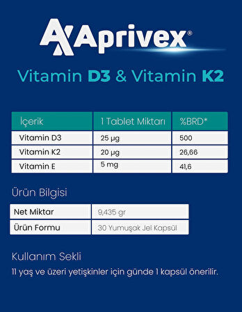 Aprivex D3 - K2 30 Yumuşak Kapsül