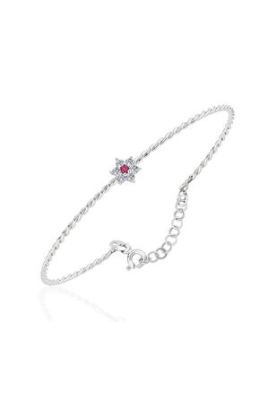 Altın Bilezik - Ortası Yakut Taşlı Çiçek 14 Ayar Altın Bilezik