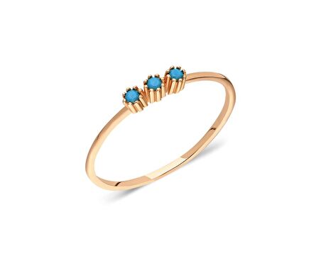 14 Ayar Altın-Tria Minimal Firuze Taşlı Altın Eklem Yüzüğü -Hediye 14 Ayar Roz Altın Yüzük