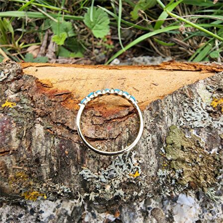 Yedi Taşlı Minimal Alyans Firuze Taşlı-Modern Tasarım Eklem Yüzüğü-Hediye 14 Ayar Altın Yüzük