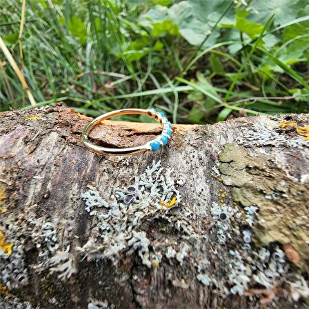 Yedi Taşlı Minimal Alyans Firuze Taşlı-Modern Tasarım Eklem Yüzüğü-Hediye 14 Ayar Altın Yüzük