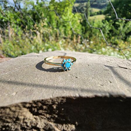 0,20 CT,0,24 CT Firuze (Turkuaz ) Taşlı Gül Evlilik Teklifi Yüzüğü-Hediye 14 Ayar Altın Tektaş Yüzük