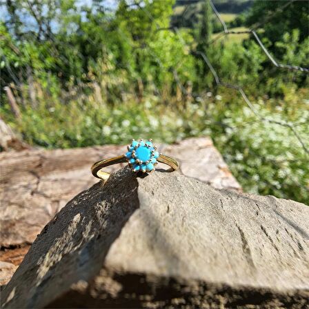 0,20 CT,0,24 CT Firuze (Turkuaz ) Taşlı Gül Evlilik Teklifi Yüzüğü-Hediye 14 Ayar Altın Tektaş Yüzük