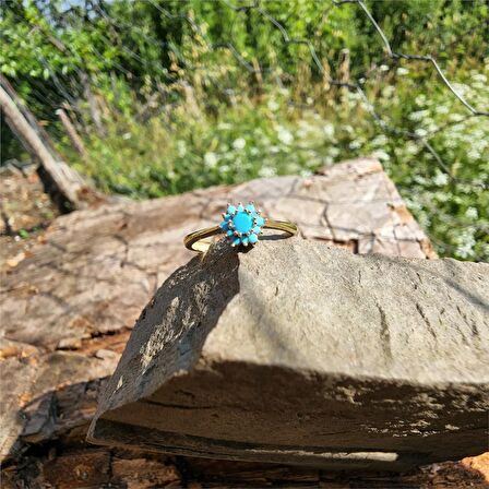 0,20 CT,0,24 CT Firuze (Turkuaz ) Taşlı Gül Evlilik Teklifi Yüzüğü-Hediye 14 Ayar Altın Tektaş Yüzük