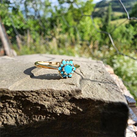 0,20 CT,0,24 CT Firuze (Turkuaz ) Taşlı Gül Evlilik Teklifi Yüzüğü-Hediye 14 Ayar Altın Tektaş Yüzük