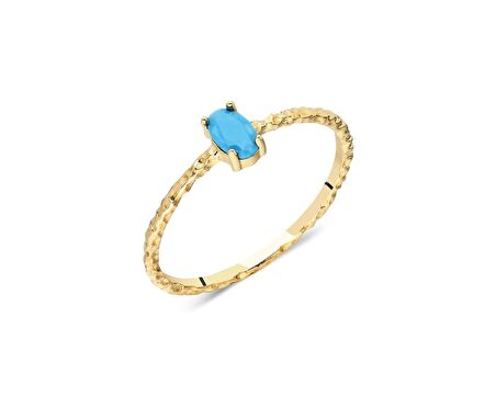 14 Ayar Firuze Tek Taş Altın Yüzük-0,30Ct Firuze Dövülü Eskitme Otantik Altın Tek Taş Yüzük