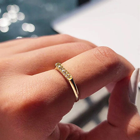 925 Ayar Sarı Gümüş Yüzük-Çubuk Sıra Taşlı 0.20 Ct Pırlanta Taşlı Alyans Yüzük-Hediye Gümüş Yüzük