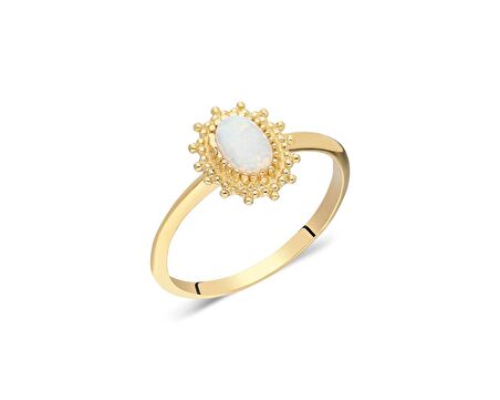 Oval Opal Taşlı Altın Yüzük-Çiçek Desenli -Doğal Taşlı-Evlilik Teklifi Yüzügü-14 Ayar Altın Kadın Yüzük