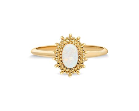 Oval Opal Taşlı Altın Yüzük-Çiçek Desenli -Doğal Taşlı-Evlilik Teklifi Yüzügü-14 Ayar Altın Kadın Yüzük