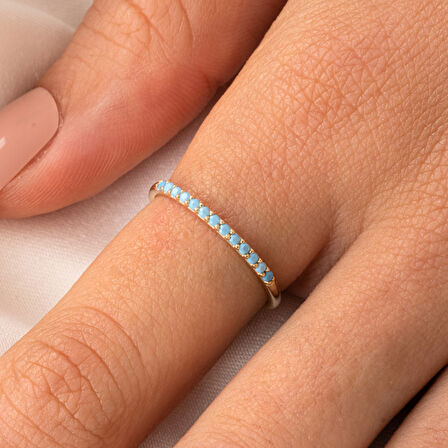 Gümüş Yüzük - Firuze Taşlı 925 Ayar Gümüş Yüzük - 0.25 Karat Yarım Tur Pırlanta Montörü Alyans