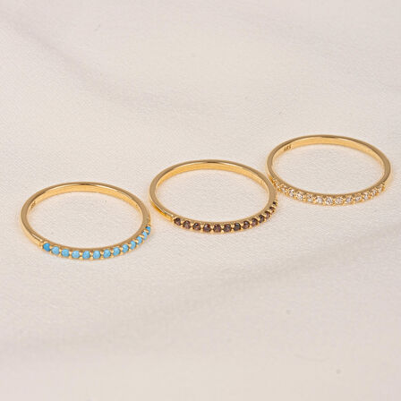 Gümüş Yüzük - Firuze Taşlı 925 Ayar Gümüş Yüzük - 0.25 Karat Yarım Tur Pırlanta Montörü Alyans