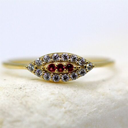 Mekik Göz Kadın 14 Ayar Altın Yüzük-Nano Yakut Taşlı Göz Minimal Hediye Altın Yüzük