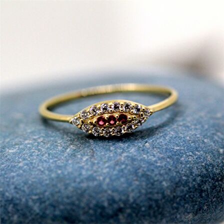 Mekik Göz Kadın 14 Ayar Altın Yüzük-Nano Yakut Taşlı Göz Minimal Hediye Altın Yüzük