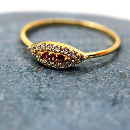 Mekik Göz Kadın 14 Ayar Altın Yüzük-Nano Yakut Taşlı Göz Minimal Hediye Altın Yüzük