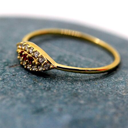 Mekik Göz Kadın 14 Ayar Altın Yüzük-Nano Yakut Taşlı Göz Minimal Hediye Altın Yüzük