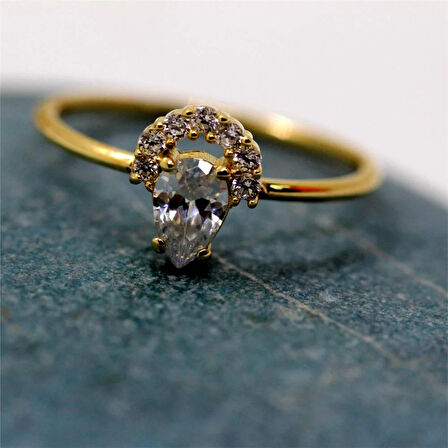 Gümüş Yüzük - Angelina Damla Taşlı Yarım Ay 925 Ayar Gümüş Yüzük-Minimal Hediye 925 Ayar Gümüş Yüzük