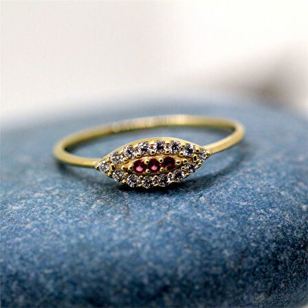 Gümüş Yüzük - Mekik Göz Kadın 925 Ayar Gümüş Yüzük-Nano Yakut Taşlı Göz Minimal Hediye Gümüş Yüzük