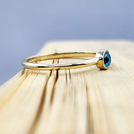 Mavi Göz Boncuklu 14 Ayar Altın Tektaş-Nazar Boncuklu Minimal Göz 14 Ayar Tektaş Yüzük