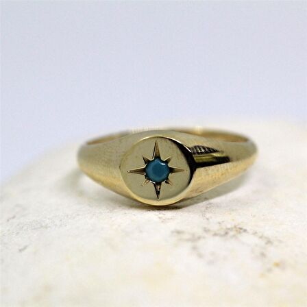 Firuze Taşlı Şimal Yıldızı Yuvarlak Mühür 14 Ayar Altın Yüzük-Yıldızlı Hediye Altın Yüzük