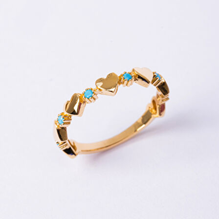 Gümüş Yüzük - Kalp Sadakat Yemini Firuze Taşlı 925 Ayar Gümüş Sıralı Yüzük-Kalp Hediye Gümüş Yüzük