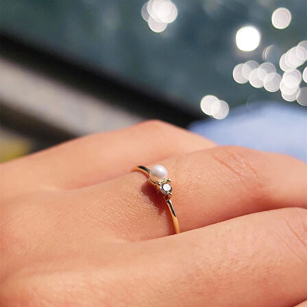 Beyaz İnci Minimal Pırlanta (Signity) Taşlı Hediye 925 Ayar Gümüş Yüzük-İncili Gümüş Tek Taş Yüzük