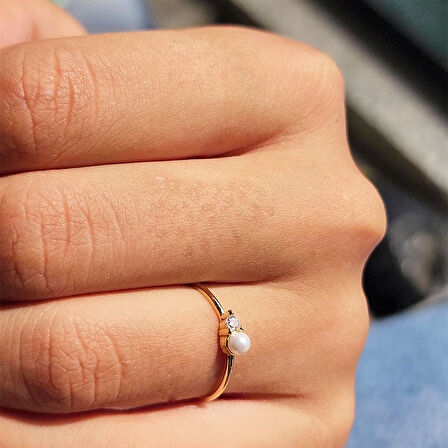 Beyaz İnci Minimal Pırlanta (Signity) Taşlı Hediye 925 Ayar Gümüş Yüzük-İncili Gümüş Tek Taş Yüzük