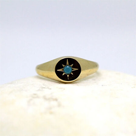 Firuze Taşlı Şimal Yıldızı Yuvarlak Mühür 925 Ayar Gümüş Yüzük-Yıldızlı Hediye Gümüş Yüzük