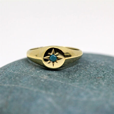 Firuze Taşlı Şimal Yıldızı Yuvarlak Mühür 925 Ayar Gümüş Yüzük-Yıldızlı Hediye Gümüş Yüzük