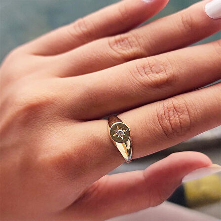 Gümüş Yüzük - Swarovski Taşlı Şimal Yıldızı Yuvarlak Mühür 925 Ayar Yüzük-Yıldız Hediyelik Yüzük