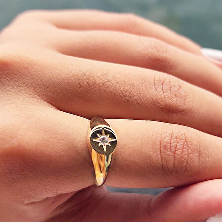 Gümüş Yüzük - Swarovski Taşlı Şimal Yıldızı Yuvarlak Mühür 925 Ayar Yüzük-Yıldız Hediyelik Yüzük