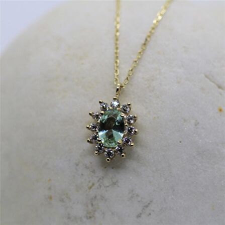 Green Topaz 0,90 CT (Nano Yeşim Taşı) 0,24 CT Pırlanta (Sıgnty) Anturaj 14 Ayar Altın Kolye-Hediye Altın Kolye