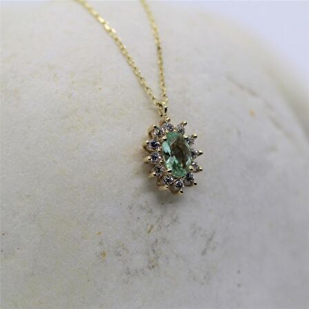 Green Topaz 0,90 CT (Nano Yeşim Taşı) 0,24 CT Pırlanta (Sıgnty) Anturaj 14 Ayar Altın Kolye-Hediye Altın Kolye