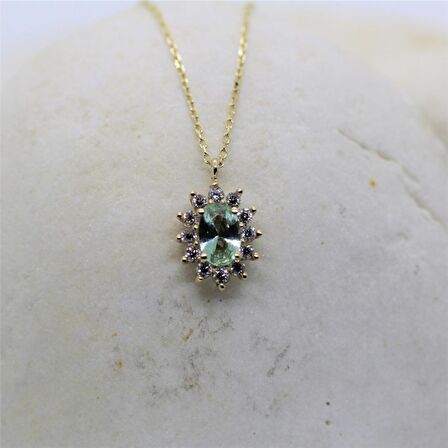 Green Topaz 0,90 CT (Nano Yeşim Taşı) 0,24 CT Pırlanta (Sıgnty) Anturaj 14 Ayar Altın Kolye-Hediye Altın Kolye