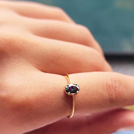 Mistik Topaz Oval Taşlı Spor TekTaş 14 Ayar Altın Yüzük-Hediye Altın Yüzük