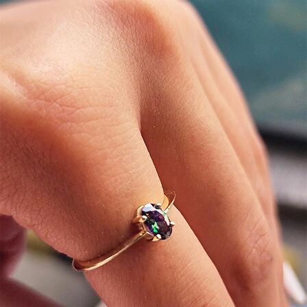 Mistik Topaz Oval Taşlı Spor TekTaş 14 Ayar Altın Yüzük-Hediye Altın Yüzük