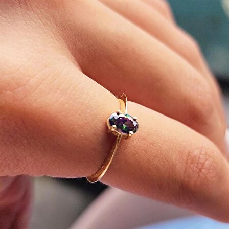 Mistik Topaz Oval Taşlı Spor TekTaş 14 Ayar Altın Yüzük-Hediye Altın Yüzük