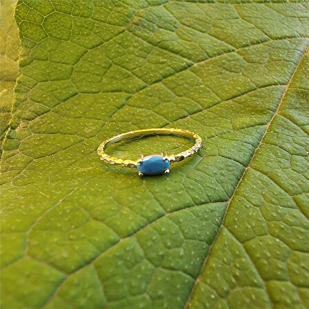 0,35CT Firuze Taşlı Dövülü Eskitme Minimal Tasarım 14 Ayar Altın Yüzük-Firuze Taşlı Tektaş Yüzük
