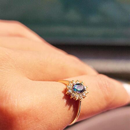 1,05CTAleksandrit 0.30CT Pırlanta(Signty)Taşlı Anturajlı Vintage Tasarım Modern 14 Ayar Altın Yüzük