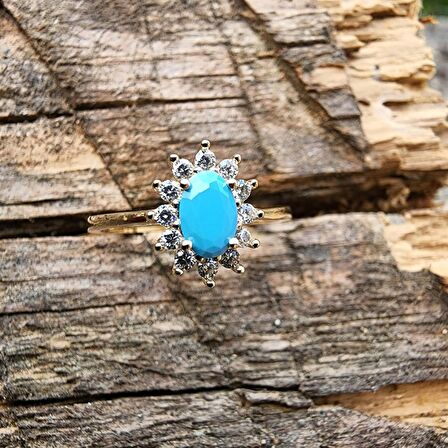 1,05 CT Firuze 0,30 CT Pırlanta (Signty) Taşlı Anturajlı Vintage Tasarım Modern 14 Ayar Altın Yüzük