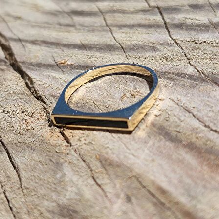 Black Mineli Çizgi Tasarım Dikdörtgen Tarz Modern Minimal 14 Ayar Altın Taşsız Estetik Gündelik Yüzük