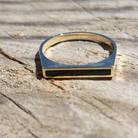 Black Mineli Çizgi Tasarım Dikdörtgen Tarz Modern Minimal 14 Ayar Altın Taşsız Estetik Gündelik Yüzük