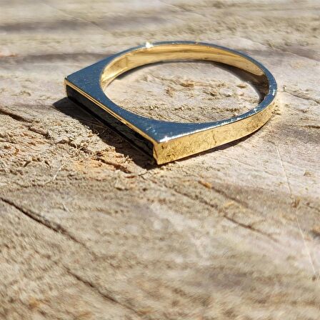 Black Mineli Çizgi Tasarım Dikdörtgen Tarz Modern Minimal 14 Ayar Altın Taşsız Estetik Gündelik Yüzük