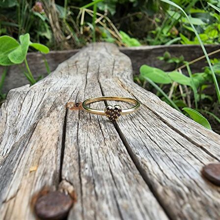 Love Kalp Şampanya Renkli Minimal Estetik 14 Ayar Altın Yüzük-Hediye Düz Kol Minik Taşlı Altın Yüzük