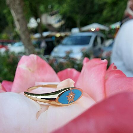 Ala Turkuaz Mineli Kutup Yıldızlı Oval Mühür Minimal Tasarım Estetik Modern 14 Ayar Altın Yüzük